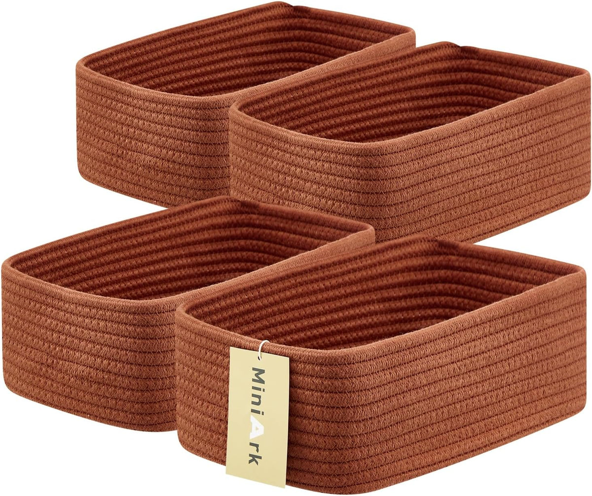 MiniArk Small Storage Baskets for Organizing | Closet Organizer Bins | Shelf Toy Basket | Woven Rope Baskets | Cube Decorative Box | Shallow Basket | L11.5xW7.5xH4.7| Brown