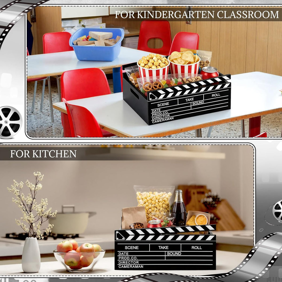 Movie Night Supplies Snack Trays with Handles Reusable Wooden Movie Gift Basket for Theater Popcorn Bucket Bowl Box Container Family Room Decor(Classic Style)