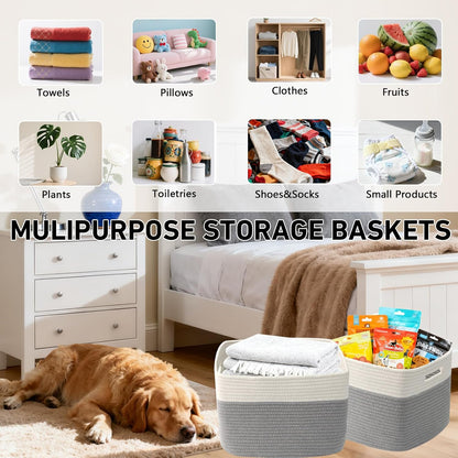 3 Pack Woven Rope Storage Baskets for Shelves,13.5"×11"×9.5" Storage Bins with Handles,Empty Gift Baskets,Nursery Organizer for Toys,Towels,Books,Closet,Living Room,Bedroom (White & Brown)