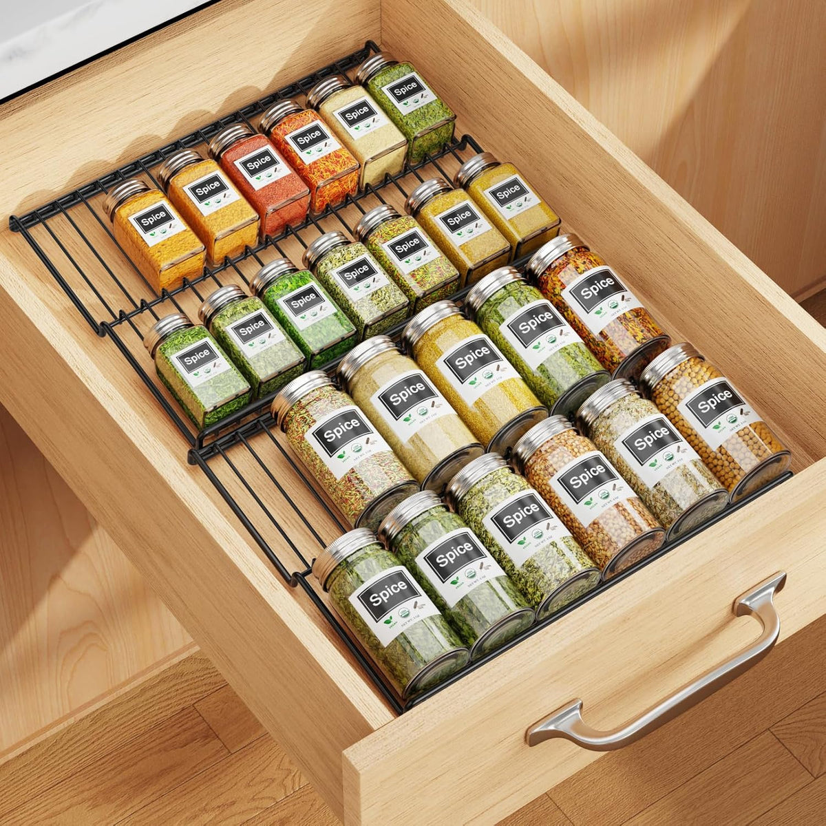 iSPECLE Spice Drawer Organizer, 2-Tier Low Profile Spice Rack Insert for Kitchen Drawers, Fits 15"–30" Wide Drawers, Keeps Labels Visible, No Slip No Rattle, Oil-Resistant Carbon Steel, Black