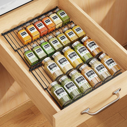iSPECLE Spice Drawer Organizer, 2-Tier Low Profile Spice Rack Insert for Kitchen Drawers, Fits 15"–30" Wide Drawers, Keeps Labels Visible, No Slip No Rattle, Oil-Resistant Carbon Steel, Black