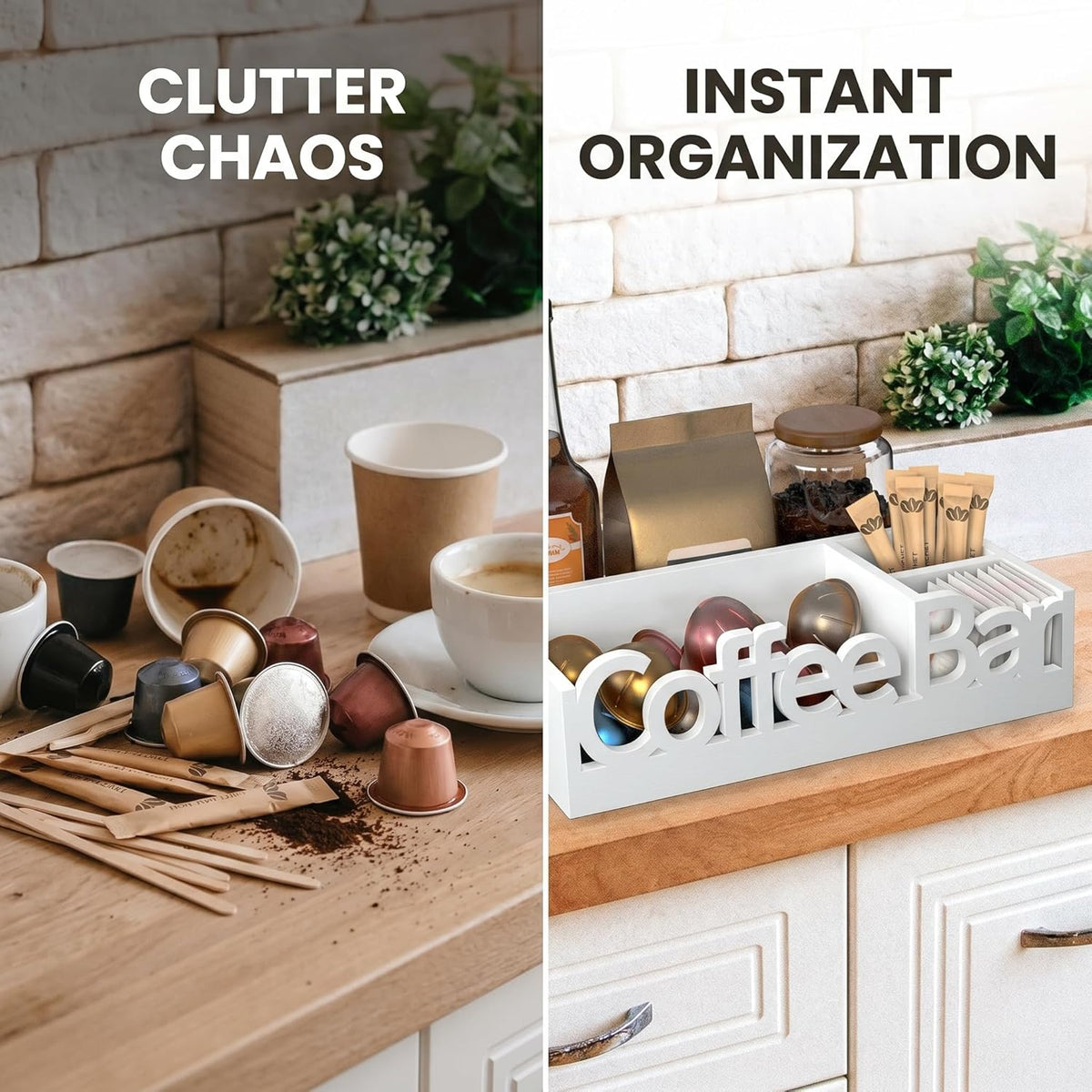 Coffee Bar Organizer for Countertop – Wooden Coffee Caddy with Compartments for Pods, Sugar Packets, and Accessories – Coffee Condiment Station Storage for Home and Office (Black)