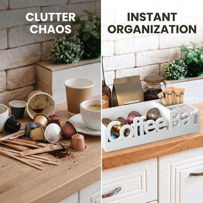 Coffee Bar Organizer for Countertop – Wooden Coffee Caddy with Compartments for Pods, Sugar Packets, and Accessories – Coffee Condiment Station Storage for Home and Office (Black)