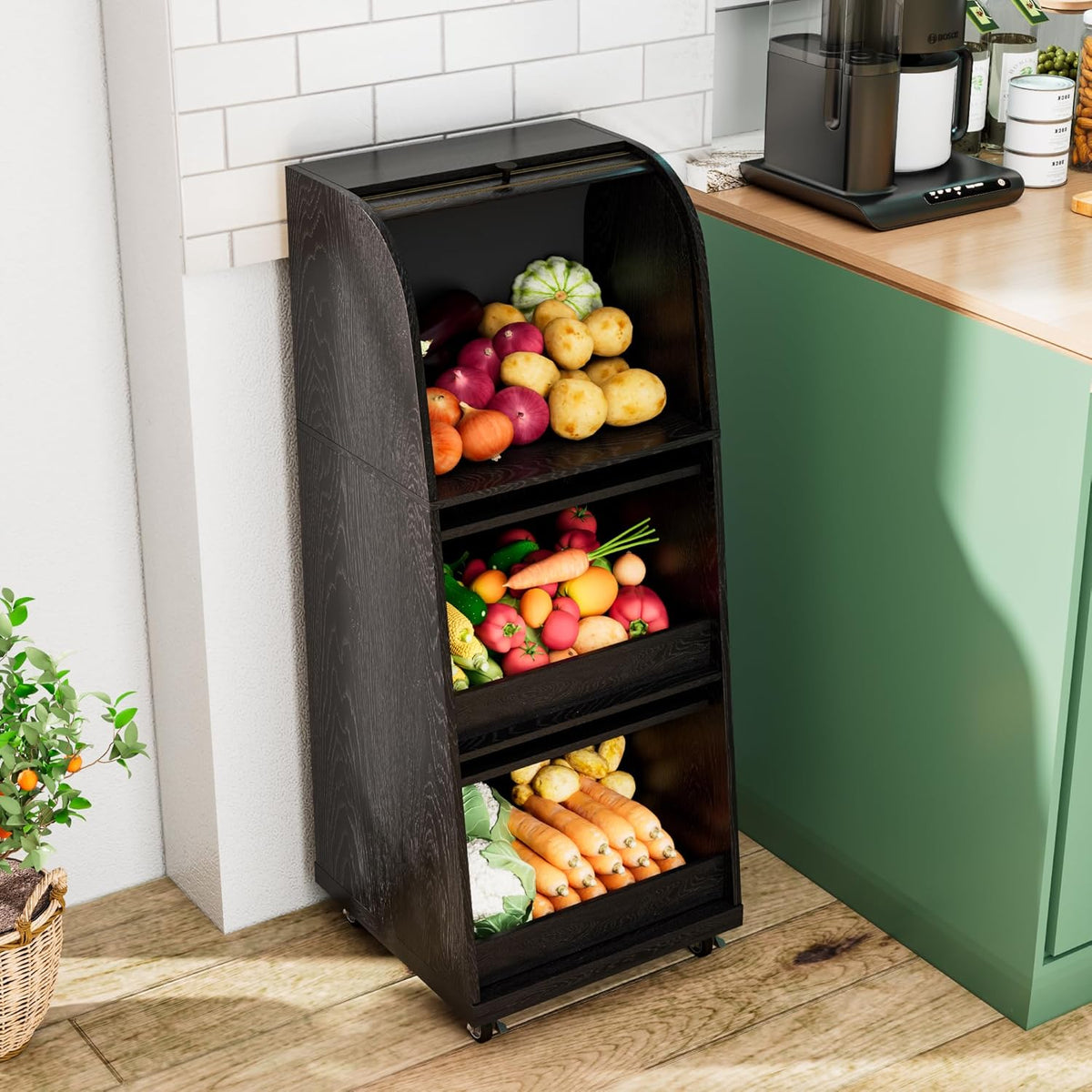 4 Tier Narrow Potato Storage Bin, Tall Wood Potato and Onion Storage Bin with Wheel, Movable Fruit and Vegetable Basket, Food Small Kitchen Pantry Cabinet, Wooden Bread Box, Walnut, Sliding Door