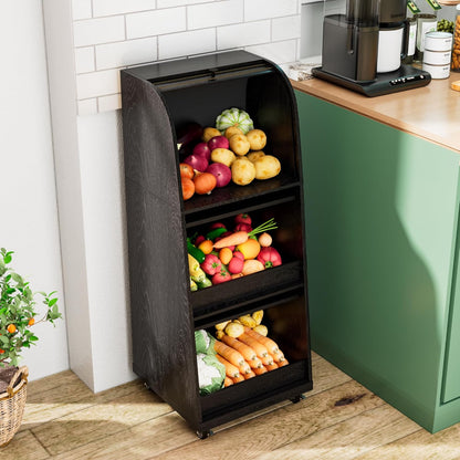 4 Tier Narrow Potato Storage Bin, Tall Wood Potato and Onion Storage Bin with Wheel, Movable Fruit and Vegetable Basket, Food Small Kitchen Pantry Cabinet, Wooden Bread Box, Walnut, Sliding Door