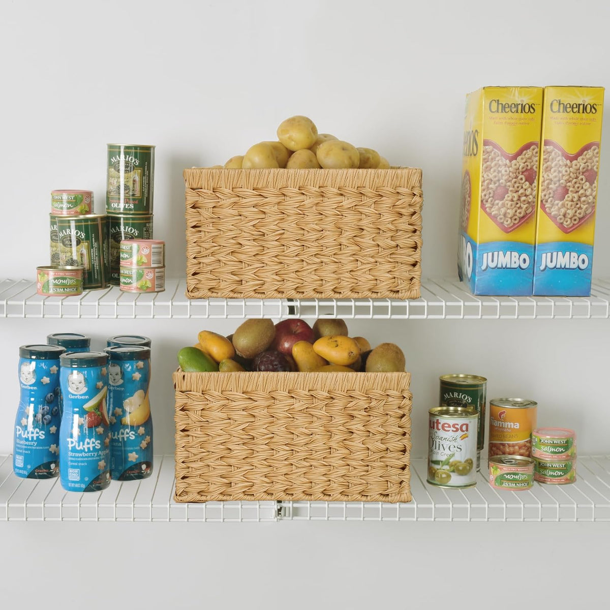 GRANNY SAYS Wicker Storage Baskets for Shelves, Wicker Baskets for Organizing, Waterproof Woven Basket for Pantry, Rectangle Basket for Shlef, Brown, 2-Pack