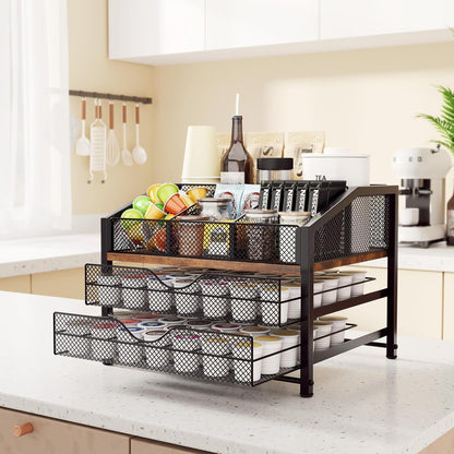 Homsorout Coffee Bar Organizer - Coffee Station for Countertop, Metal and Wood K Cup holder Storage Basket for Coffee Pods, Syrup, Cups, Stirrer, Coffee Condiment, Tea Organizer, Black and Brown