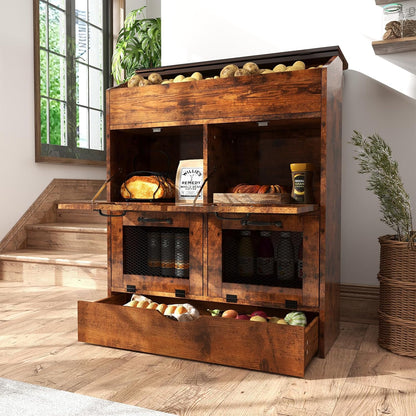 Verano Garden Potato Storage Bin, Wood Bread Box with Lid, Farmhouse Potato and Onion Storage Bin with Mesh Doors, Fruit and Vegetable Storage Rack with Removable Drawer (Rustic Brown, 16.0")