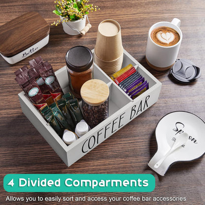 ALELION Coffee Station Organizer - Wood Countertop Accessories Organizer with Removable Dividers for Pods Condiment Syrup Tea Cups Stirrers - for Farmhouse Coffee Bar Decor