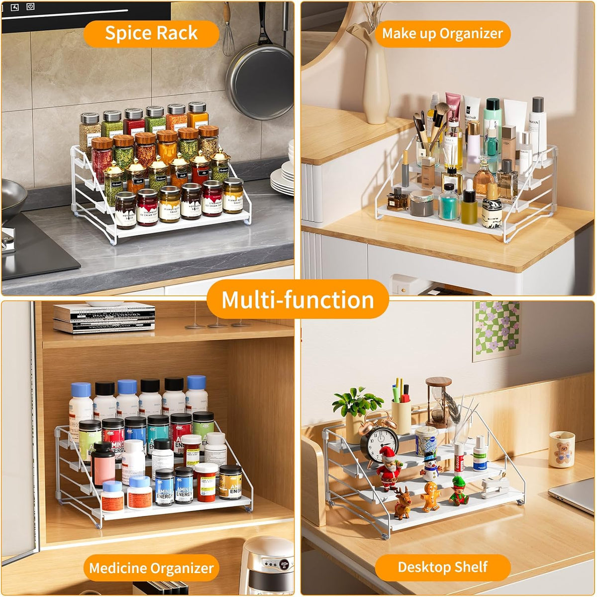 RCHYFEED Spice Rack Organizer for Cabinet Pantry,4 Tier Spice Rack Countertop, Depth Adjustable Spice Organization for Cabinet,Tierd Seasoning Organizer for Cabinet(Black) | for Cabinet Pantry