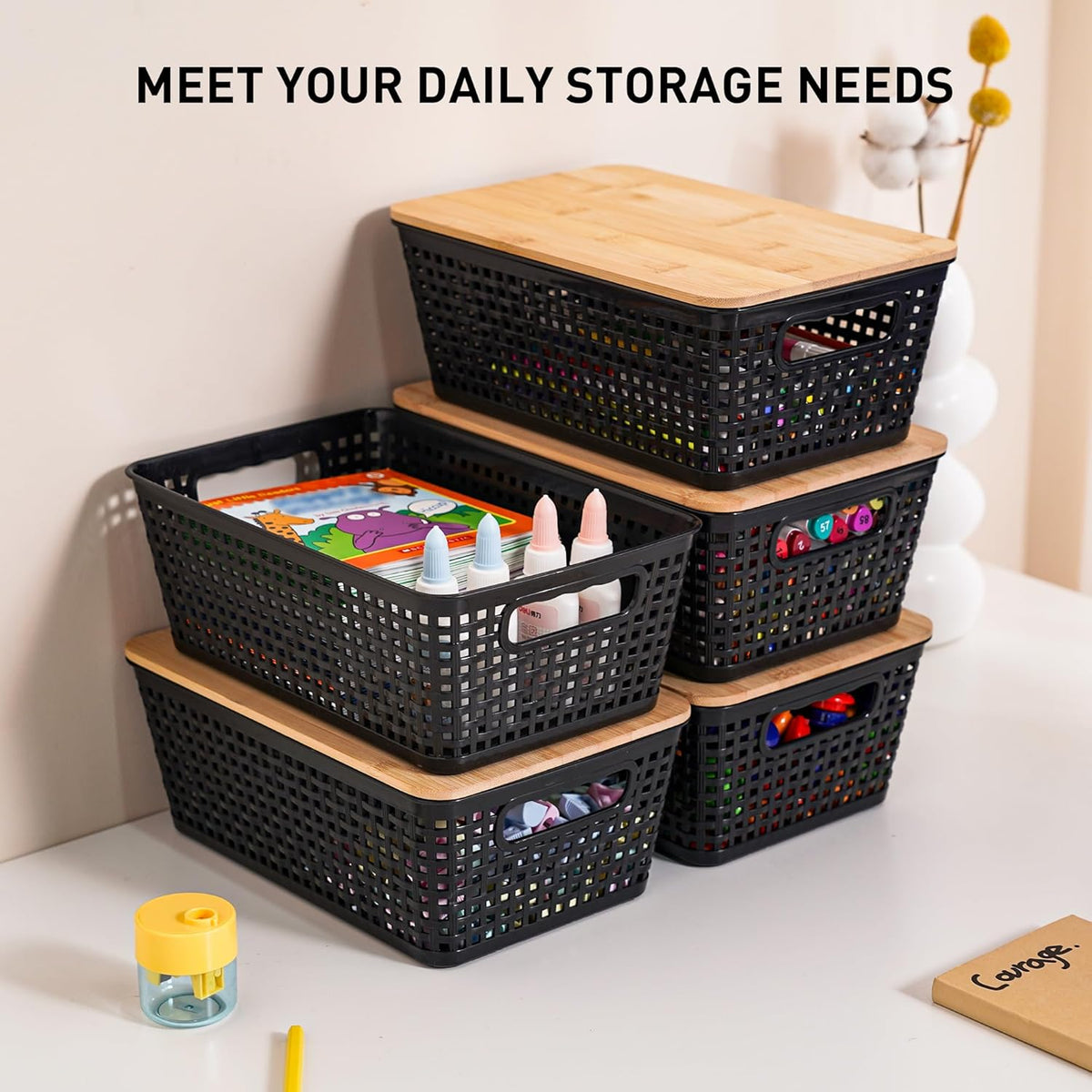 Small Storage Bins with Lids 6 Packs, Plastic Storage Basket with Bamboo Lid for Pantry Organization and Storage Containers for Shelves Drawers Desktop Closet Playroom Office Home, White
