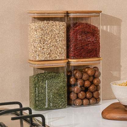 D2scrma 37oz Rectangle Airtight Glass Storage Containers with Bamboo Lids (Set of 6), Square Food Storage Jar, Pantry Organizers for Cereal, Nuts, Snacks and Coffee beans (‎with Black Lable)