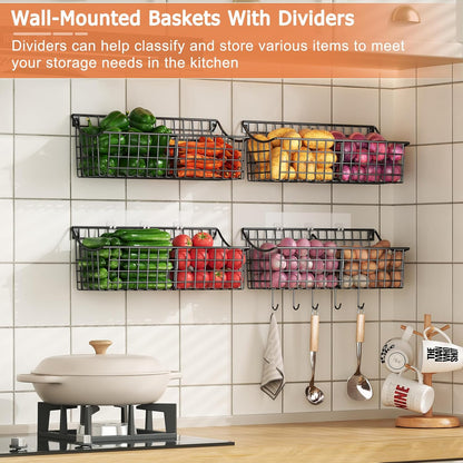 Sonyabecca 6 Pack Hanging Wall Basket for Organizing, Large Wire Basket for Storage Pantry with 5 S Hook+6 Adhesive Hook, Wall Mounted Shelf for Kitchen Bathroom