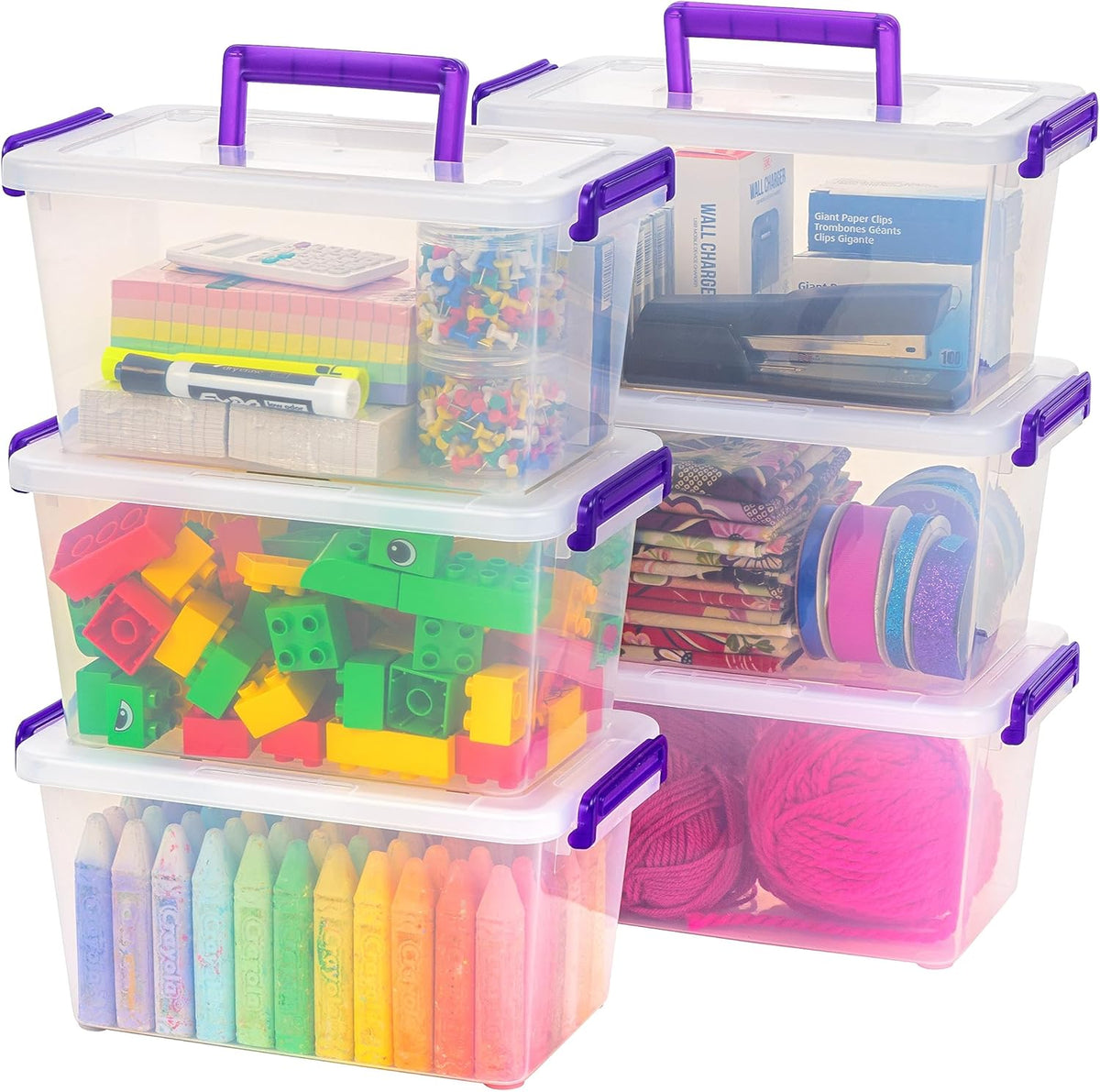 IRIS USA 6 Qt. Plastic Craft Storage Container Bins with Lids, Small Art & Office Supply Organizer Tote, Sensory Bins & Boxes for Home & University, Stackable, Secure Latch Buckles, Clear