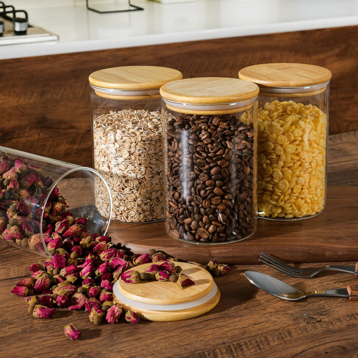 D2scrma 22oz Straight cylindrical Airtight Storage Jars with Bamboo Lid Set of 6 Storage Container Stackable Spice Jar, Kitchen Canister for Sugar, Tea, Cookies and Coffee beans (with Black Lable)