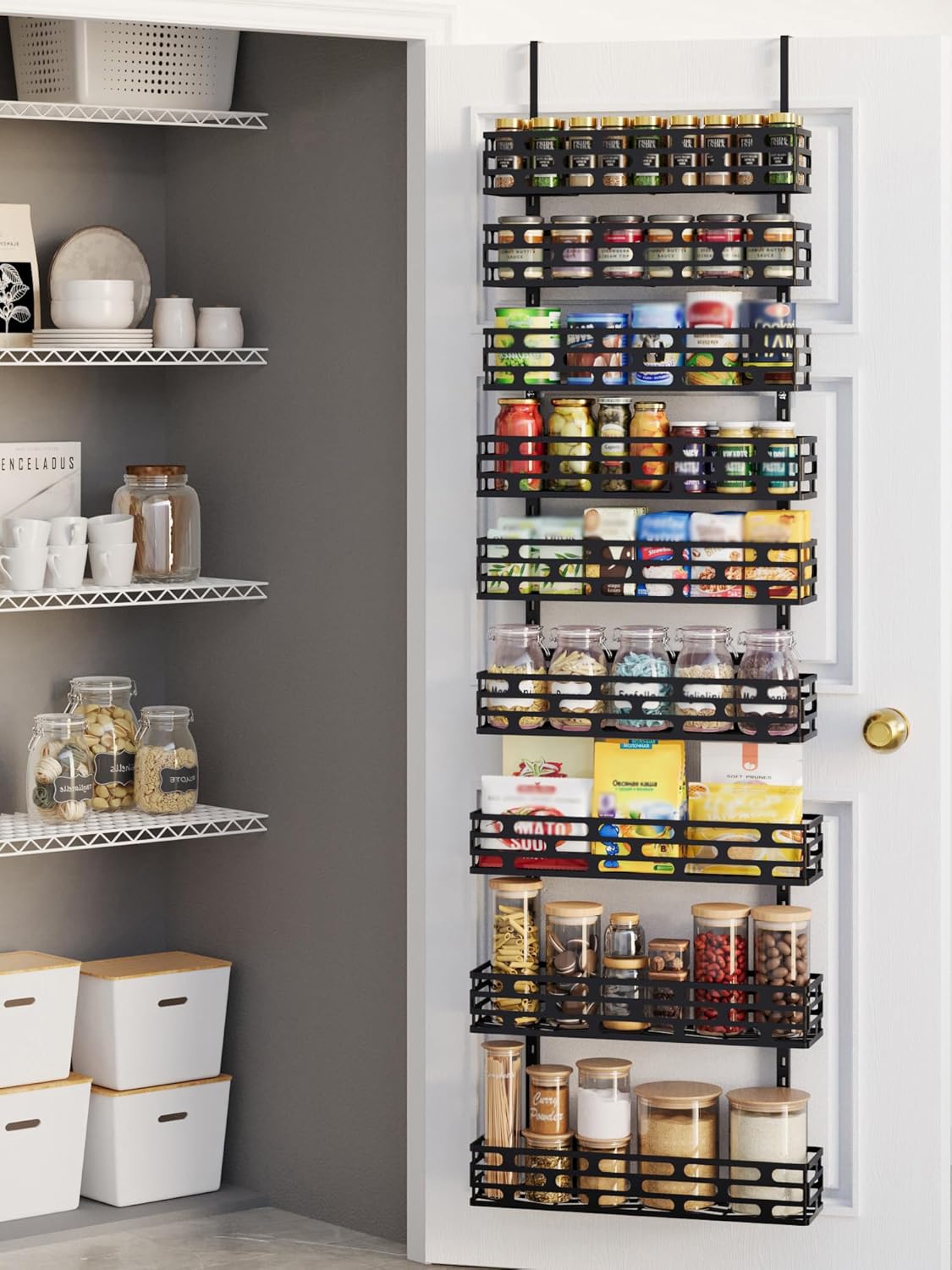 6-Tier Over the Door Pantry Organizer, Pantry Organization And Storage, Hanging Storage Organizer Spice Rack Metal Shelving for Home & Kitchen, Office Laundry Room Bathroom Black