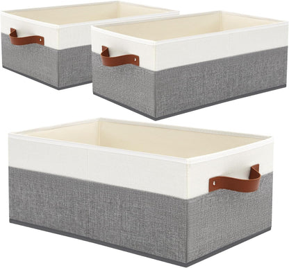 Large Capacity Storage Bins Closet Organizer for Shelves, Fabric Closet Storage Baskets Boxes with Leather Handles for Organizing Clothes, Sheets, Jeans, Toys, Books (Grey)