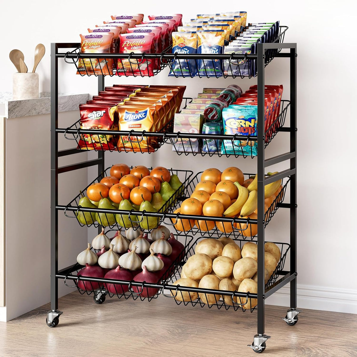 Evermagin 25.2''W Kitchen Storage Cart, Rolling Snack Cart, 4 Tier Fruit Basket Vegetable Stand, Metal Pantry Storage Organizer with 8 Removable Baskets for Onion Potato, Black