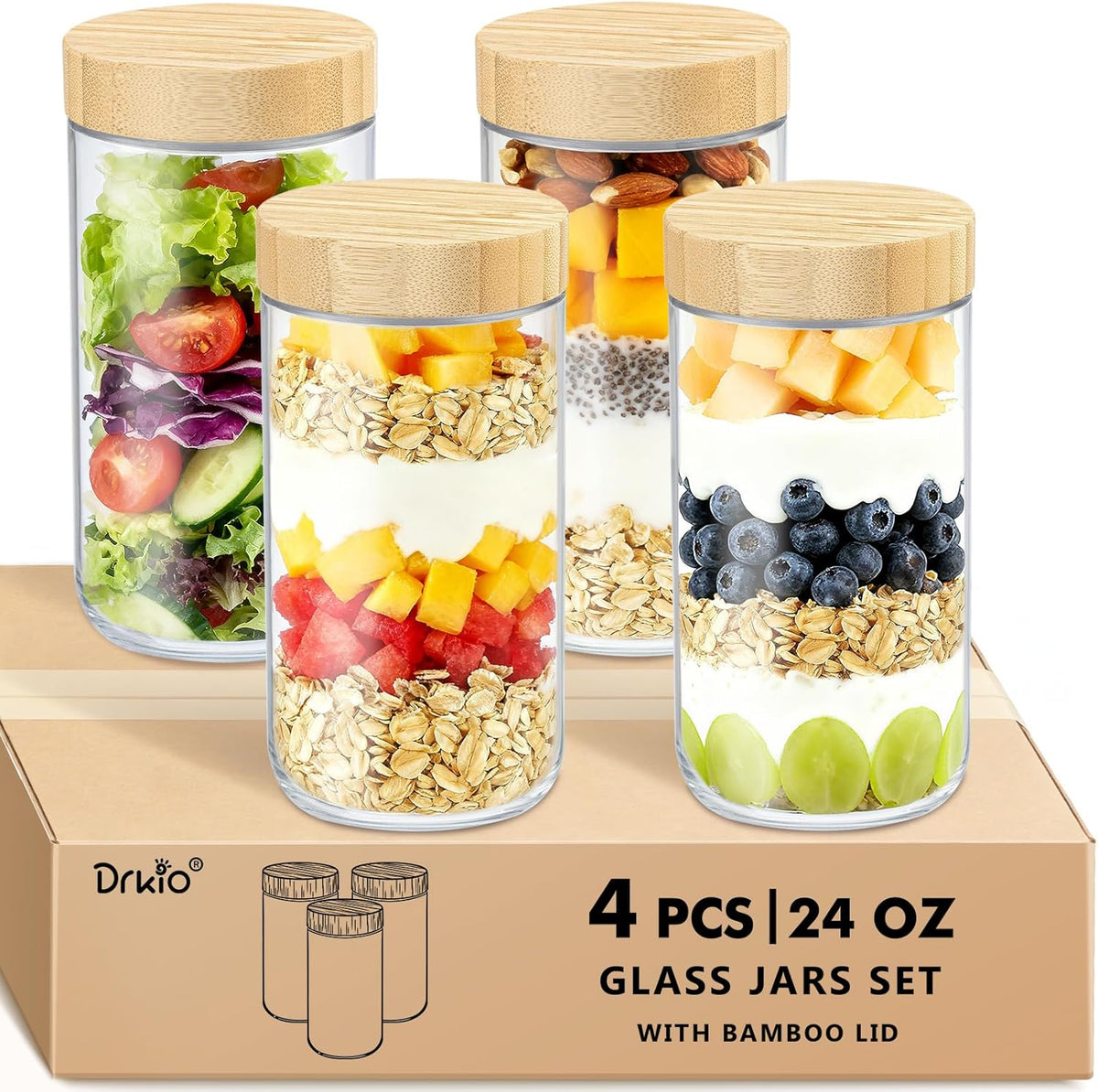 DRKIO 16 Oz Overnight Oats Containers with Bamboo Lids - 4 Pack Glass Storage Jars with Airtight Lids Wide Mouth Mason Food Jars Great for Meal Prep Salad Chia Pudding Snacks Yogurt Sugar Spice Cereal