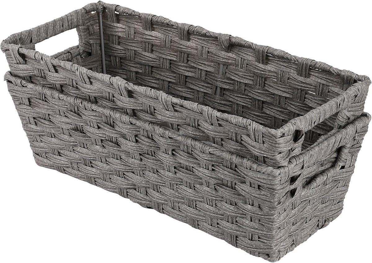 Onlytak Large Wicker Storage Basket, Metal Frame, Set of 2, Washable Waterproof, 15" x 10.3" x 5.2", Brown Color, Woven Basket for Pantry, Toilet, Bathroom, Bedroom, Patio