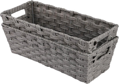 Onlytak Large Wicker Storage Basket, Metal Frame, Set of 2, Washable Waterproof, 15" x 10.3" x 5.2", Brown Color, Woven Basket for Pantry, Toilet, Bathroom, Bedroom, Patio