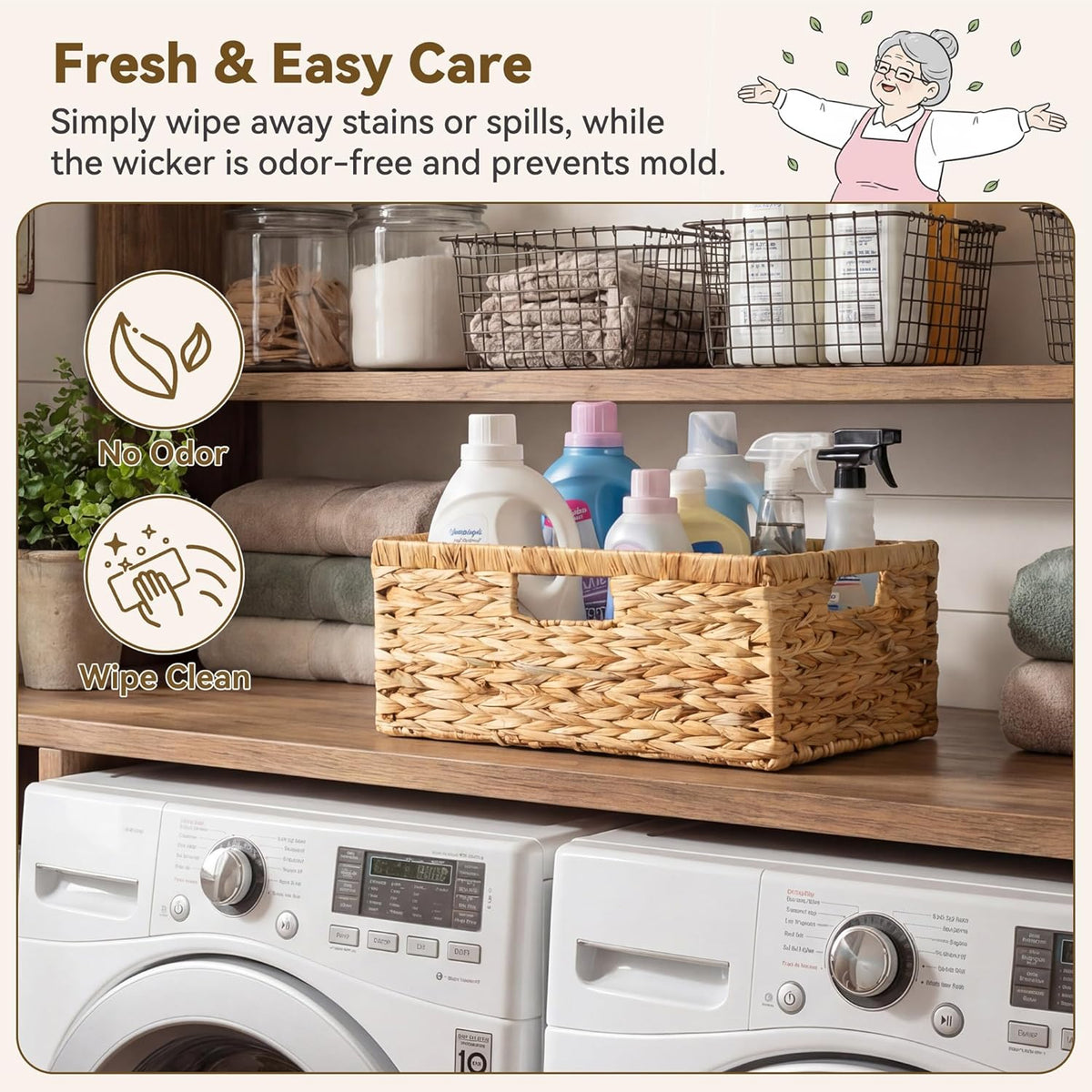 GRANNY SAYS Wicker Storage Baskets for Shelves, Wicker Baskets for Organizing, Waterproof Woven Basket for Pantry, Rectangle Basket for Shlef, Brown, 2-Pack