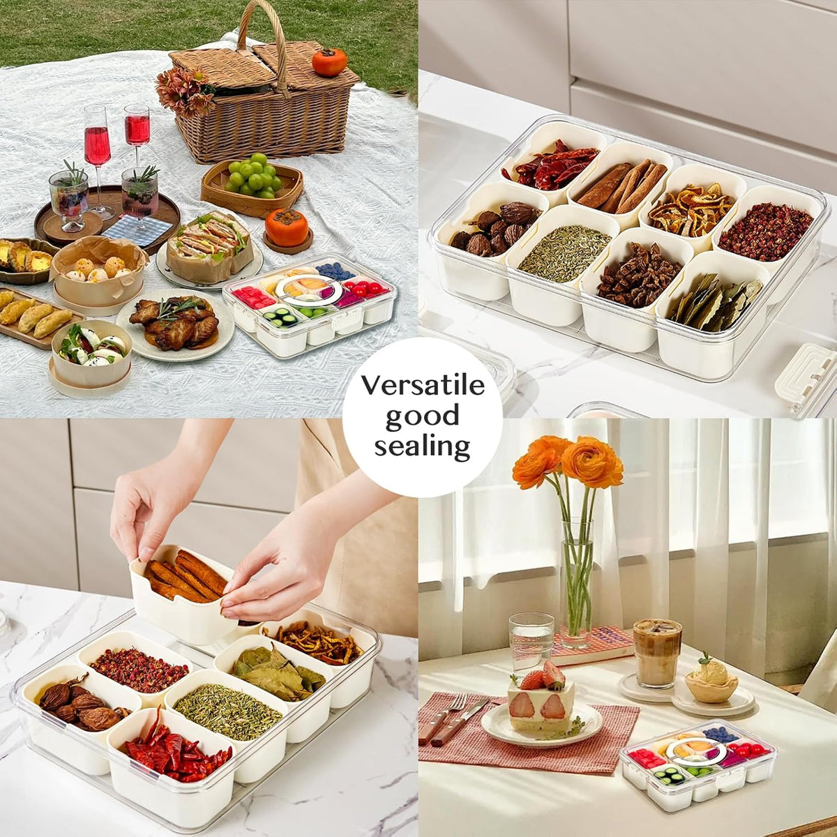 Dunruz Snackle Box Container,Portable Snack Box 8 Compartment Divided Serving Tray with Lid,Clear Storage Organizer for Fruit Candy Nuts Veggie-Perfect for Road Travel Party (8 Compartments)