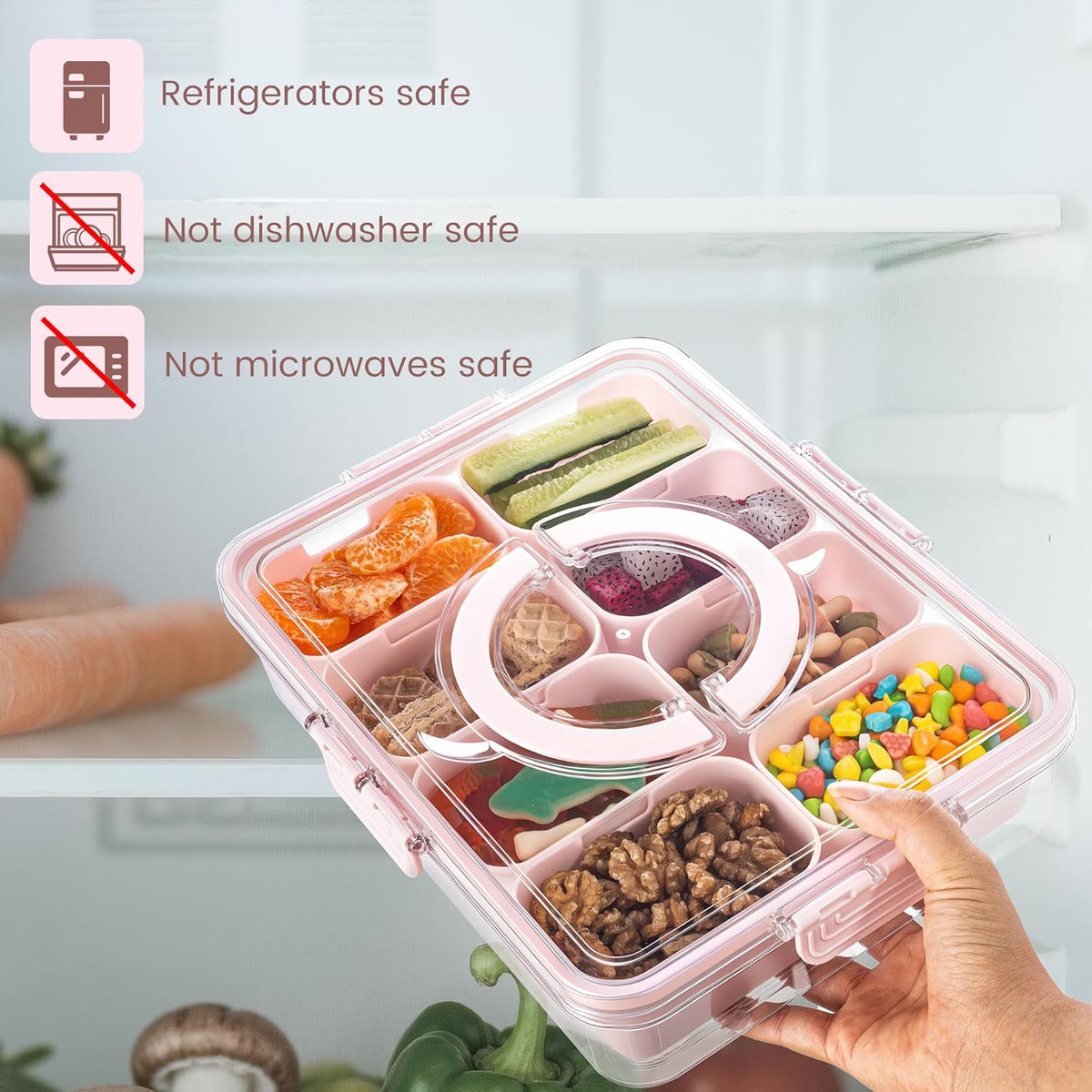 Dingerjar Divided Serving Tray with Lid and Handle - Snackle Box Charcuterie Container for Portable Snack Platters - Clear Organizer for Candy, Fruits, Nuts, Snacks - Perfect for Party, Entertaining