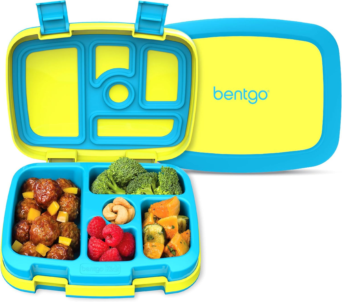 Bentgo Kids Bento-Style 5-Compartment Leak-Proof Lunch Box - Ideal Portion Sizes for Ages 3 to 7 - Durable, Drop-Proof, Dishwasher Safe, PFAS & BPA-Free & Made with Food-Safe Materials (Blue)