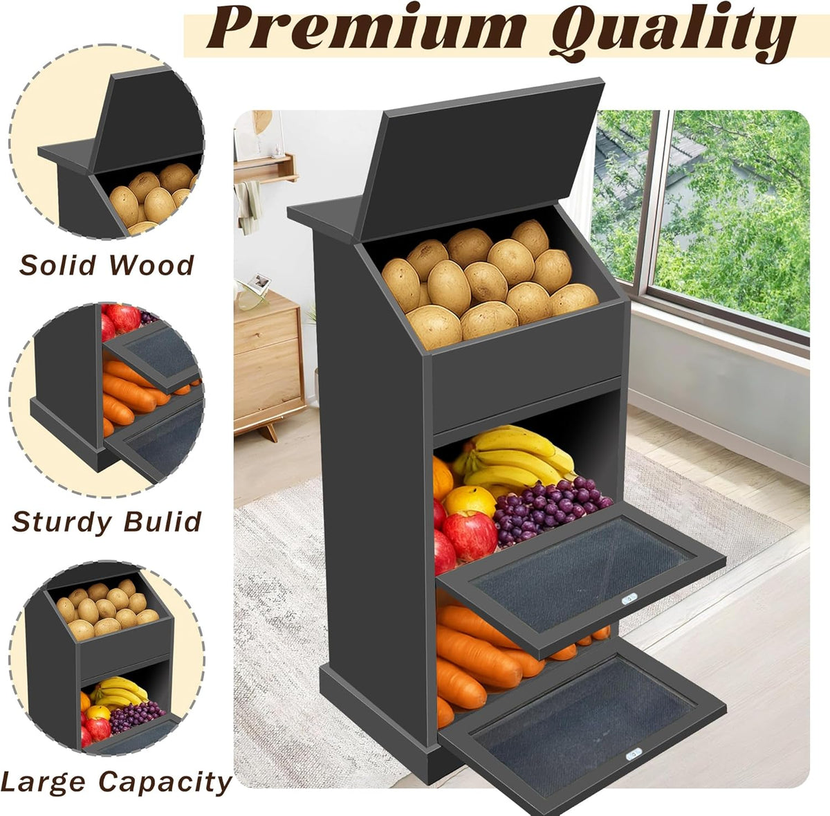 Potato Storage Bin, 3-Tier Potato and Onion Storage Bin with Lid, Wooden Bread Box for Fruit and Vegetable,Food Storage Containers for Kitchen Pantry (Oak)