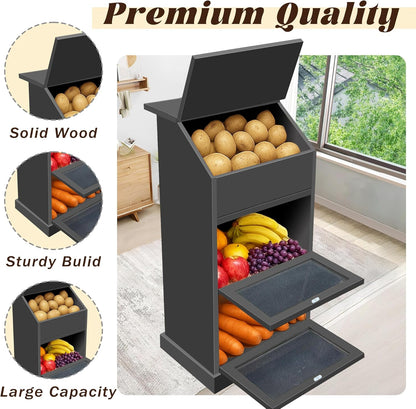 Potato Storage Bin, 3-Tier Potato and Onion Storage Bin with Lid, Wooden Bread Box for Fruit and Vegetable,Food Storage Containers for Kitchen Pantry (Oak)