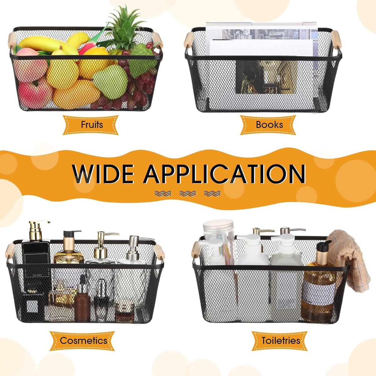 Ziliny 4 Pcs Metal Mesh Wire Baskets with Wooden Handles for Organizing, Pantry Organizers and Storage Steel Bin Kitchen Baskets for Fruit Potato Onion Snacks Bathroom Cabinet(Small,Black)