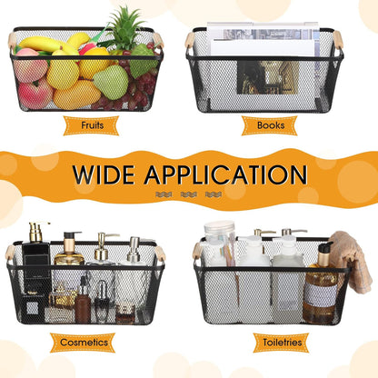 Ziliny 4 Pcs Metal Mesh Wire Baskets with Wooden Handles for Organizing, Pantry Organizers and Storage Steel Bin Kitchen Baskets for Fruit Potato Onion Snacks Bathroom Cabinet(Small,Black)