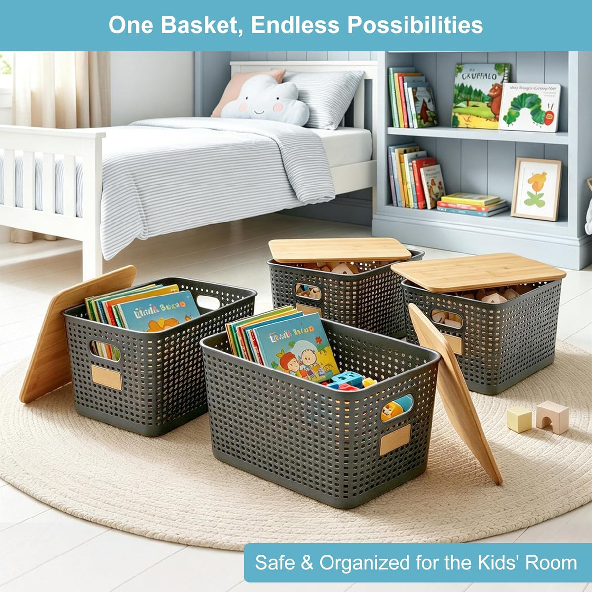 Bagnizer Small Plastic Storage Bins with Bamboo Lids 5.2qt Stackable Box Basket Pantry Decorative Containers Cute with Labels for Organizing Desktop Closet Office Cream White of 10*7.2*4.1"