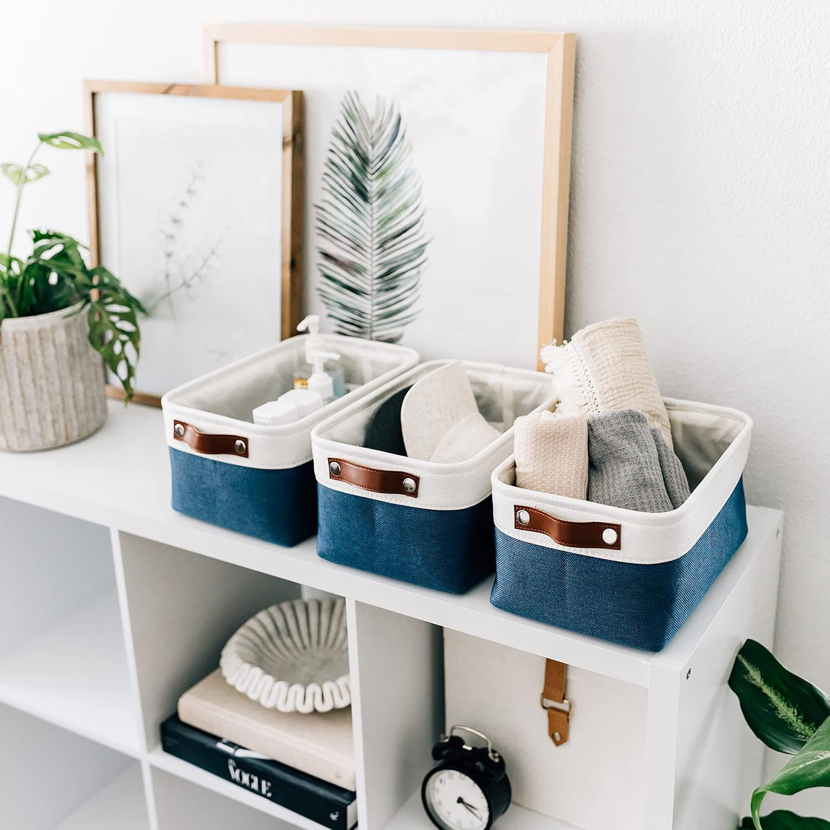 OrganiHaus 12x8in Canvas Storage Baskets 3 Pack | SMALL Fabric Bins for Shelves | Pantry & Bathroom Organizer | Beige/Off-White