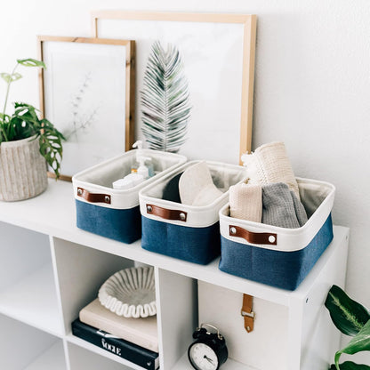 OrganiHaus 12x8in Canvas Storage Baskets 3 Pack | SMALL Fabric Bins for Shelves | Pantry & Bathroom Organizer | Beige/Off-White