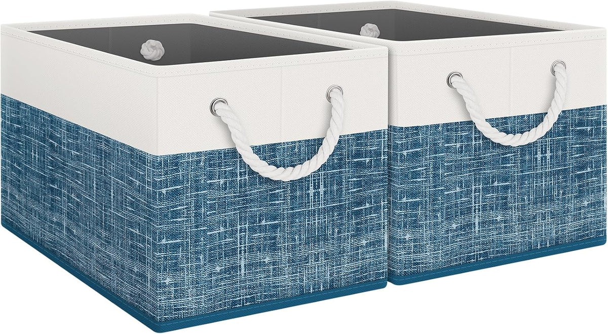 Fab totes Storage Bins, Foldable Storage Baskets for Organizing Toys, Books, Shelves, Closet, Large Storage Box with Rope Handles, Sturdy Organizer Bins, White & Grey