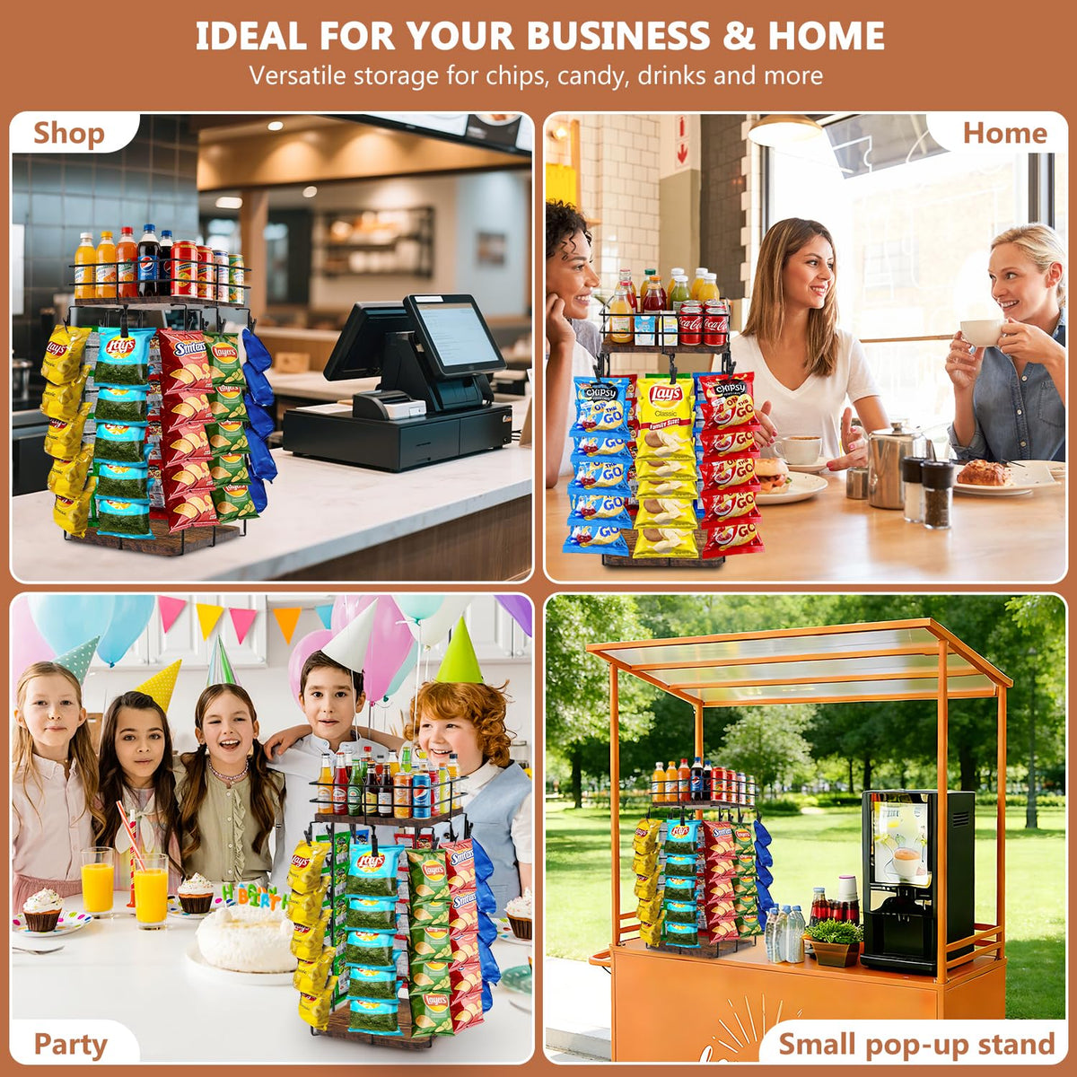 Chip Rack Display Stand, 5-Tier 360° Rotating Organizer with Top Storage Basket for Drinks & Spice Jars, 40 Clips & Snack Tray for Store, Kitchen, Party, Retail Countertop Snack Display (Square Base, Beige)