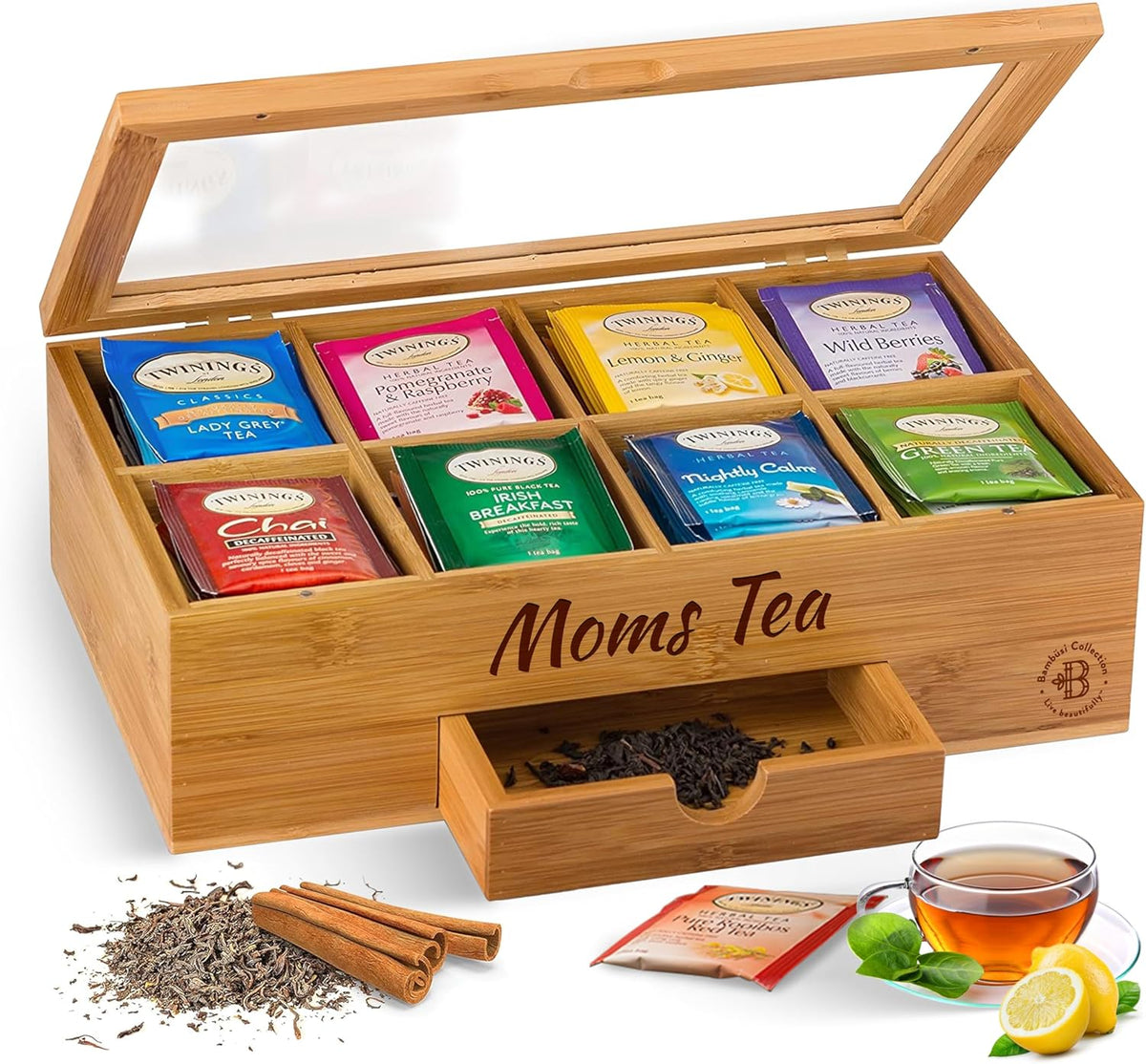 Tea Bag Organizer with Drawer - Bamboo Tea Box Organizer, 8-Compartment Tea Storage Box with Acrylic Lid and Magnetic Closure, Tea Box for Kitchen Counter, Gifts for Mom, Wife, Tea Lovers
