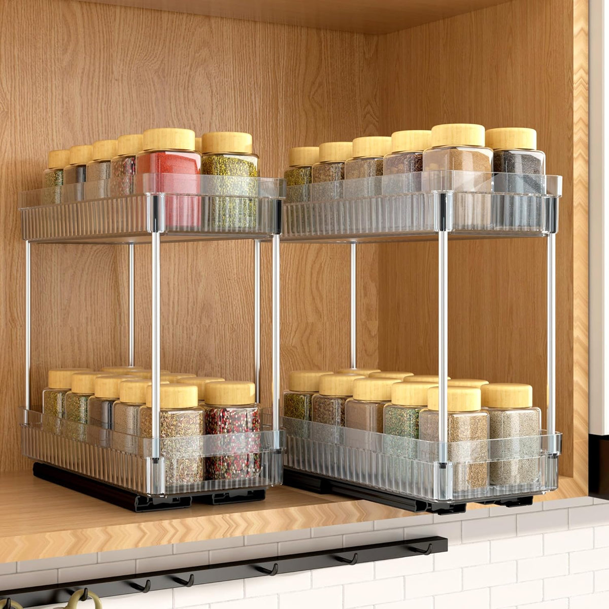 Pull Out Spice Rack Organizer for Cabinet, Slide Out Spice Racks Organizer, Spice Cabinet Organizers, Cabinet Size Need:12'' Highx11'' Deepx5'' Wide,Hold 10 Spice Jar Each Tier-2Tier, Black