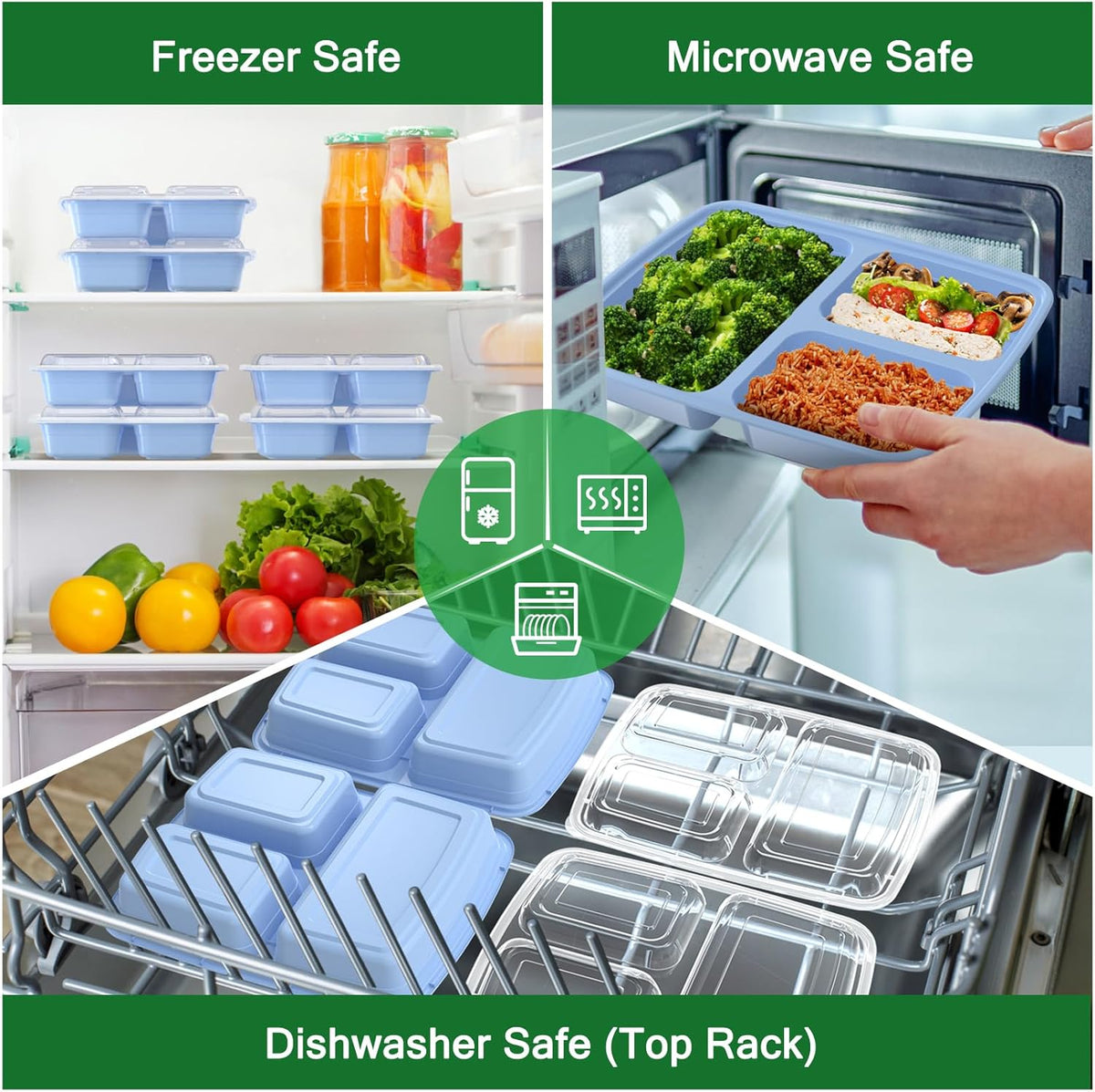 50 Pack (100-Piece) 32 oz Meal Prep Containers Reusable with Lids 3-Compartment, To Go Take Out Plastic Food Storage Containers, Sturdy Leakproof Food Safe, Microwave Freezer Dishwasher Safe, Black