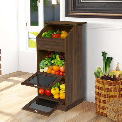 Potato Storage Bin, 3-Tier Potato and Onion Storage Bin with Lid, Wooden Bread Box for Fruit and Vegetable,Food Storage Containers for Kitchen Pantry (Oak)