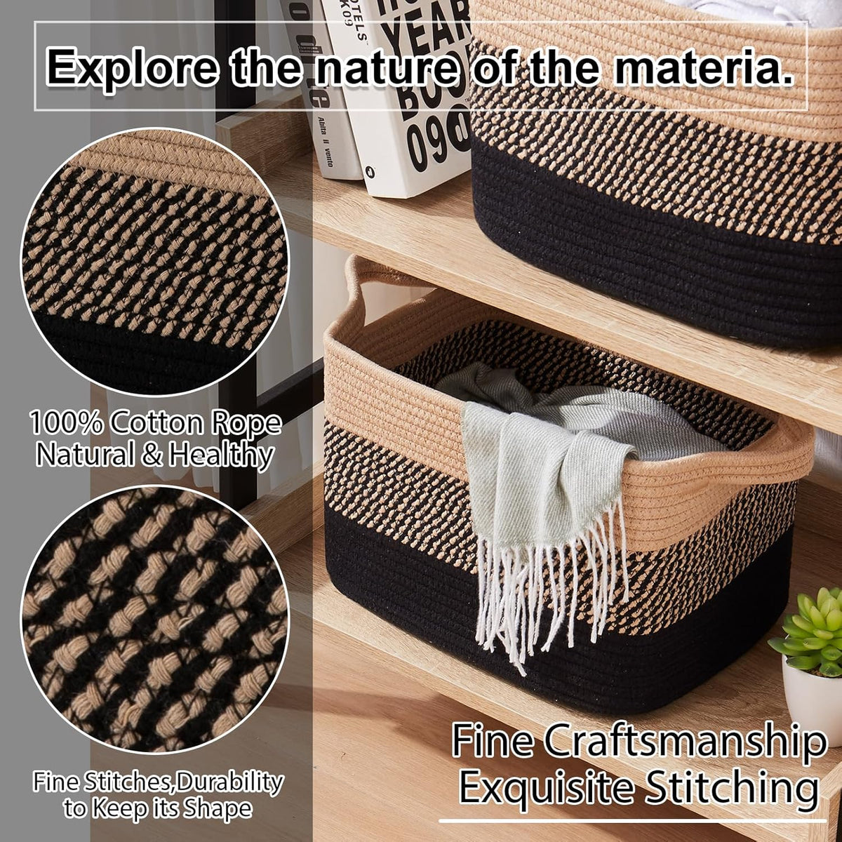 OIAHOMY Storage Basket, Woven Baskets for Storage, Cotton Rope Basket for toys,Towel Baskets for Bathroom - Pack of 3, Gradient Yellow