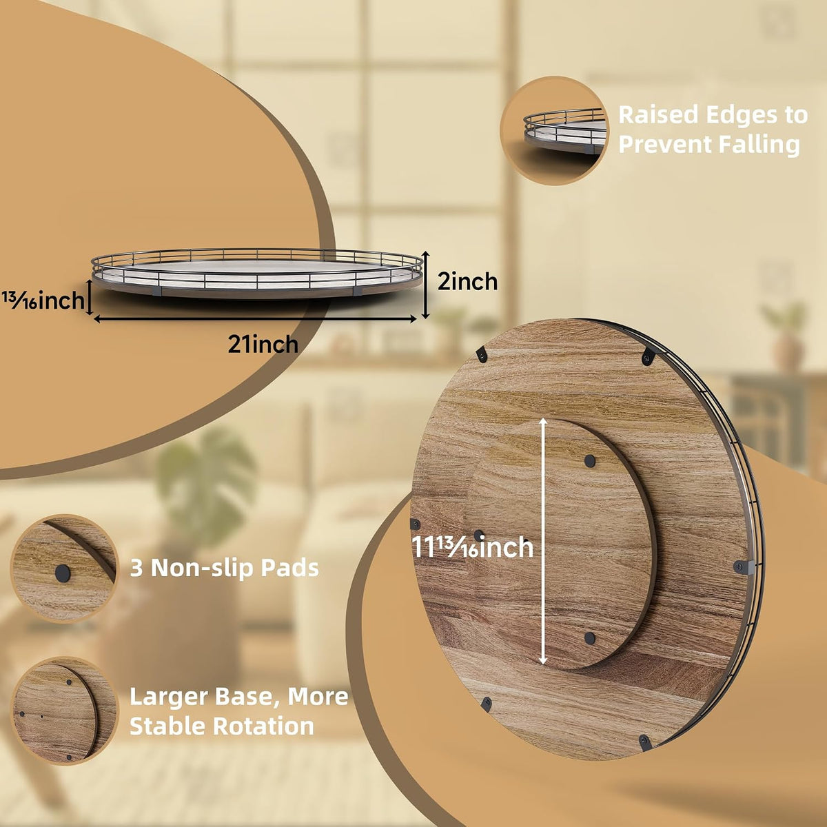 Acacia Wood 13" Lazy Susan Turntable Organizer for Table Top, Farmhouse Round Wooden Lazy Susan for Cabinet Kitchen Centerpieces Coffee Table, for Condiments Spices, Bathroom Vanity Tray Decor