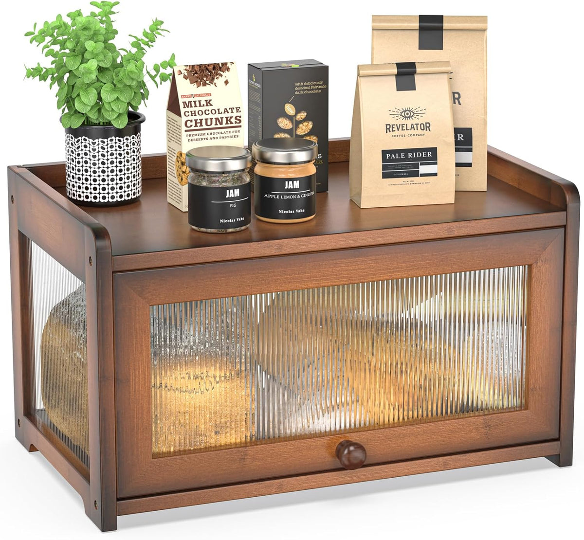 BAMBANG Bamboo Bread Box for Kitchen Countertop, Extra Large Farmhouse Bread Box with 4-Side Clear Panels, Wooden Bread Storage Container for Homemade Bread, Natural