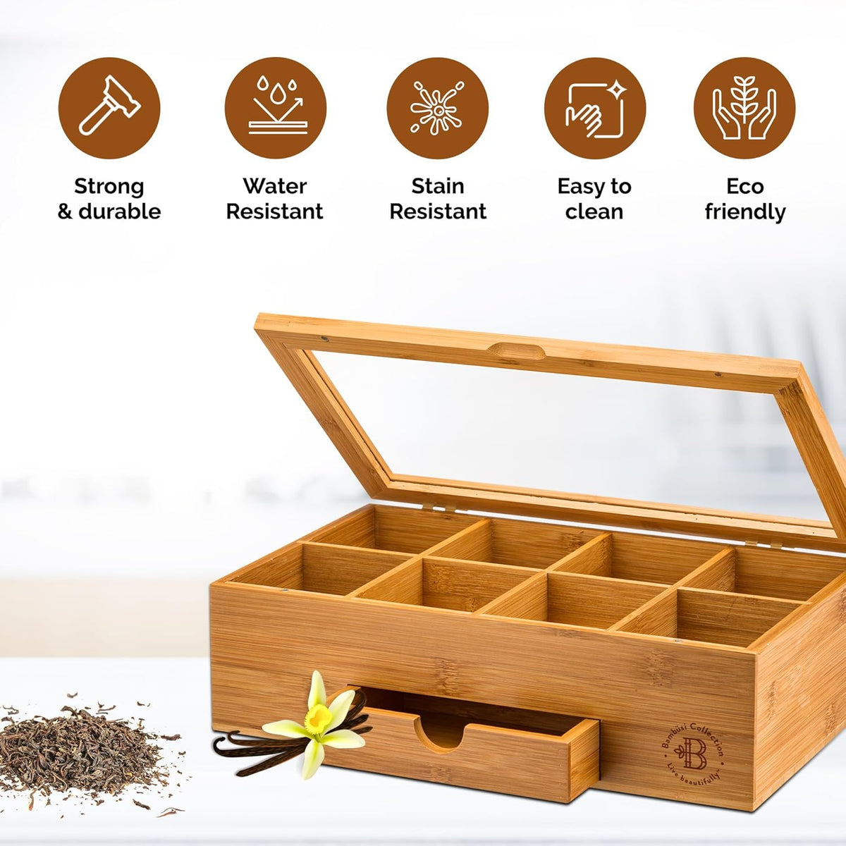 Tea Bag Organizer with Drawer - Bamboo Tea Box Organizer, 8-Compartment Tea Storage Box with Acrylic Lid and Magnetic Closure, Tea Box for Kitchen Counter, Gifts for Mom, Wife, Tea Lovers