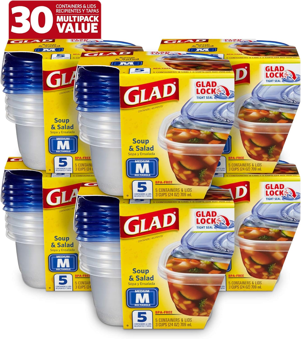 Glad GladWare XL Square Food Storage Containers with Lock Tight Lids, BPA-Free Family Size Plastic Containers for Leftovers, Meal Prep, and Freezer Storage, Dishwasher Safe, 104 Oz