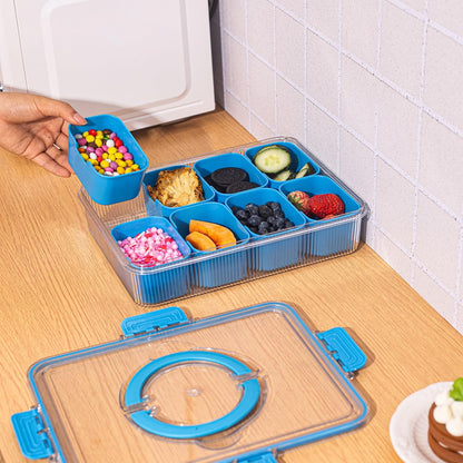 Patent Design Ribbed Snackle Box Container Snack Container Divided Serving Tray with Lid and Handle, 8 Divider Portable Snacklebox for Travel Beach for Charcuterie Veggie Fruit Candy,1 Pack