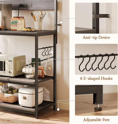 SUPERJARE Kitchen Bakers Rack with Power Outlet, Coffee Bar Table 4 Tiers, Kitchen Microwave Stand with 6 S-shaped Hooks, Storage Shelf Rack for Spices, Pots and Pans - Rustic Brown