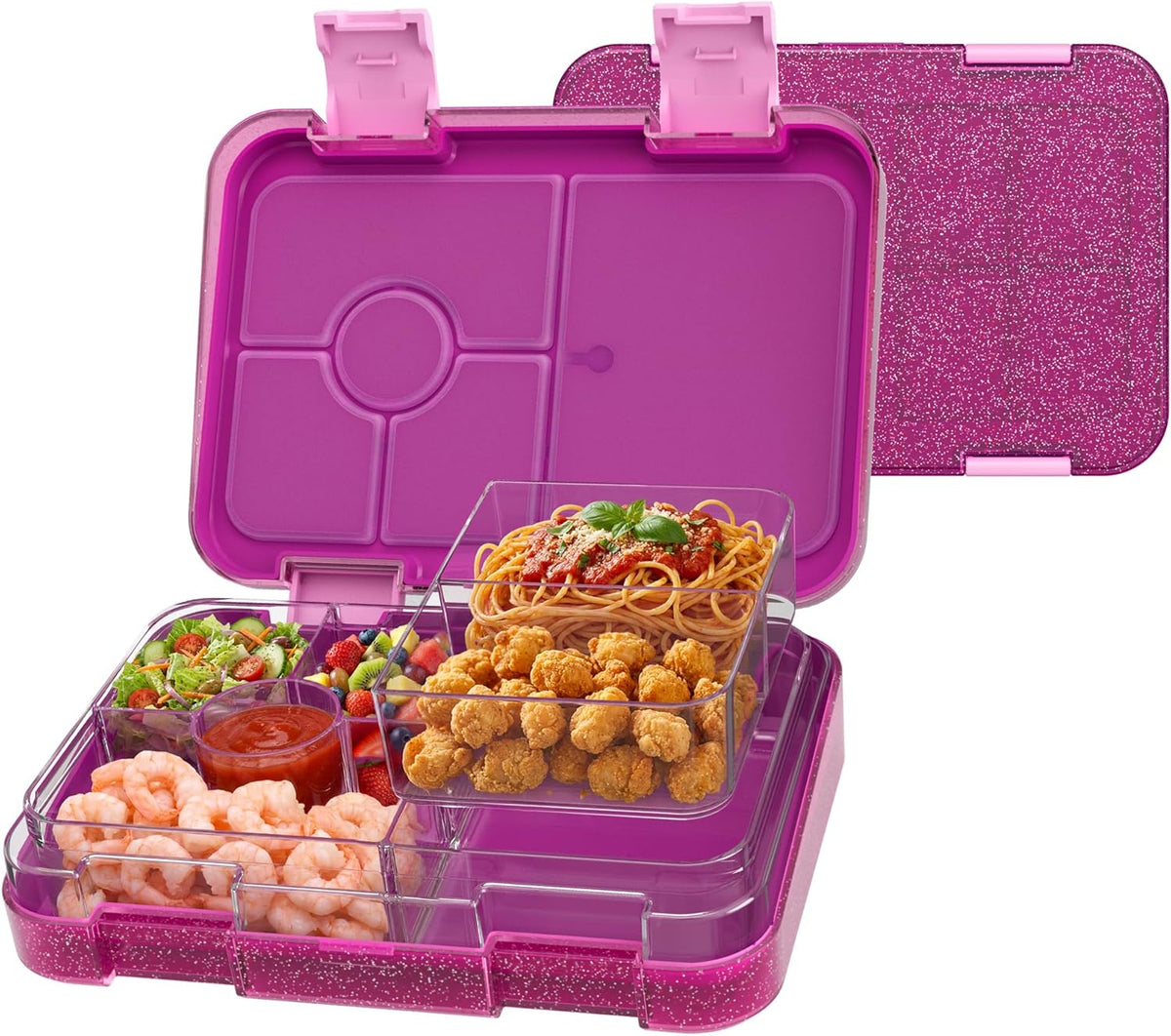 Bento Lunch Box for Kids, 6 Compartments BPA Free, Dishwasher Safe Back to School Snack Bento Lunch Containers Boxes, Ideal Portion Sizes for On-the-Go Meal, Ages 3+, School, Green Patterned